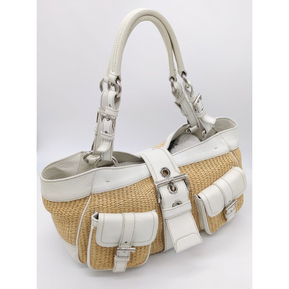 Prada Raffia and White Calf Handbag
